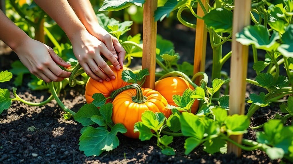 Handen die de levendige oranje pompoenen verzorgen die op de wijnstok groeien in een zonnige tuin. Groene bladeren en ondersteunende houten palen omringen de pompoenen, die rusten op de donkere, rijke grond.