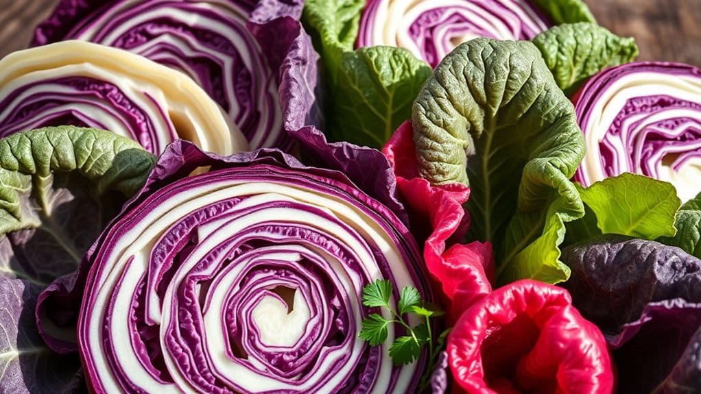 Een close-up van gesneden rode kool en bladgroenten. De kool vertoont tinten paars en wit in concentrische ringen, terwijl de bladeren variëren van groen tot dieprood. Een klein takje peterselie voegt een vleugje groen toe.