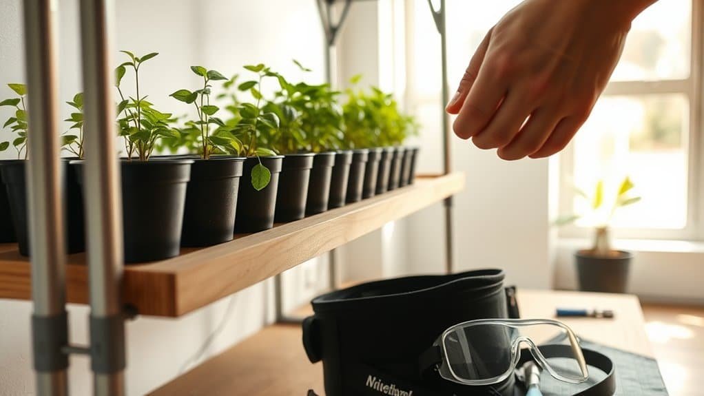 Een persoon reikt naar een rij kleine planten in zwarte potten op een houten plank bij een zonnig raam. Onderaan zijn een zwarte tuiniertas en een bril zichtbaar op een tafel.