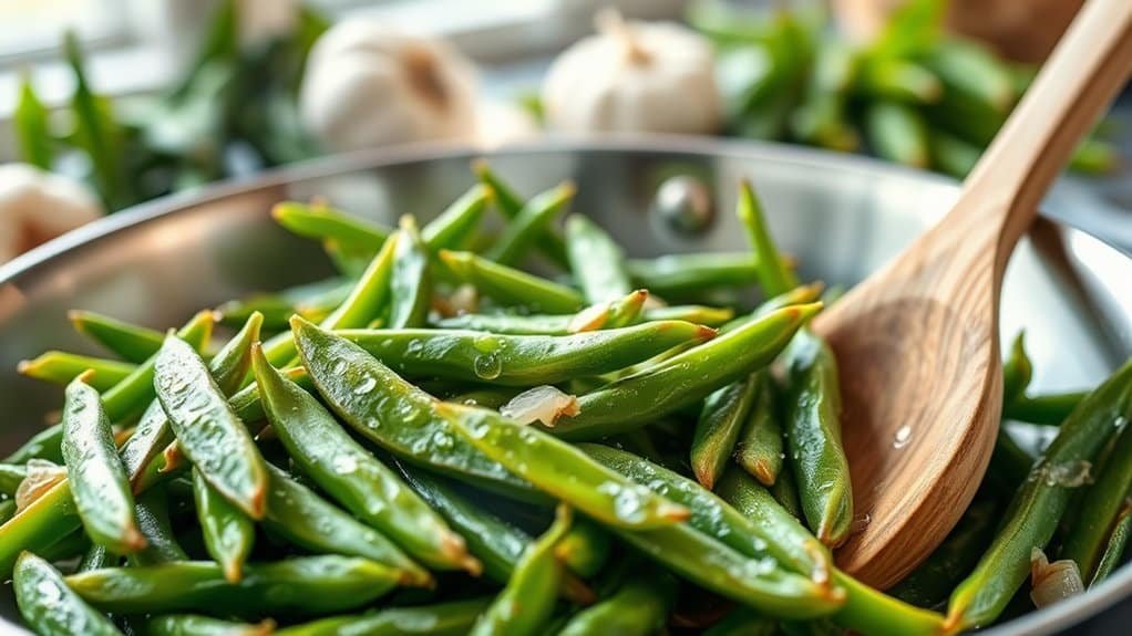 Een close-up van een roestvrijstalen pan gevuld met verse sperziebonen die met een houten lepel worden geroerd. Knoflookbollen zijn zichtbaar op de wazige achtergrond, wat duidt op een verse kookbereiding.