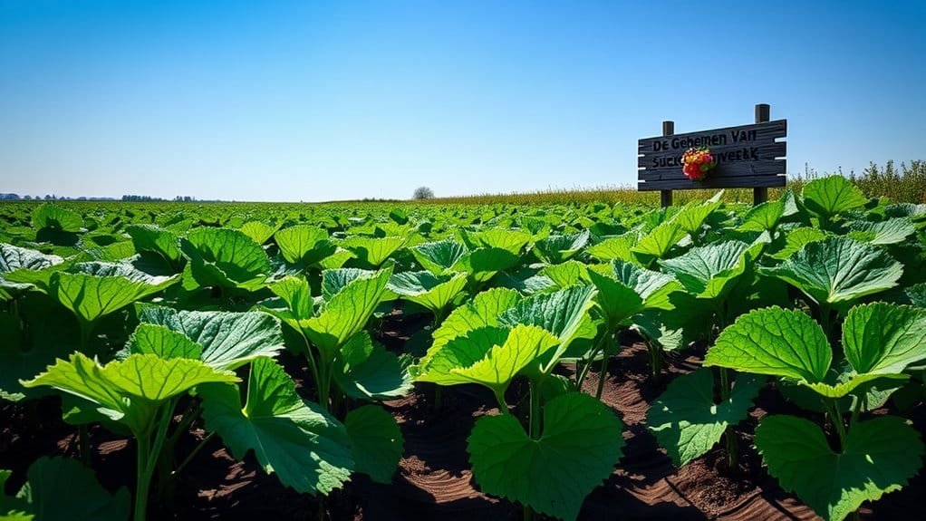 Vibrant green vegetable plants growing in neat rows under a clear blue sky. A wooden sign with text and a red logo marks the edge of the field in the distance. The landscape is flat and expansive, reminiscent of farmland.