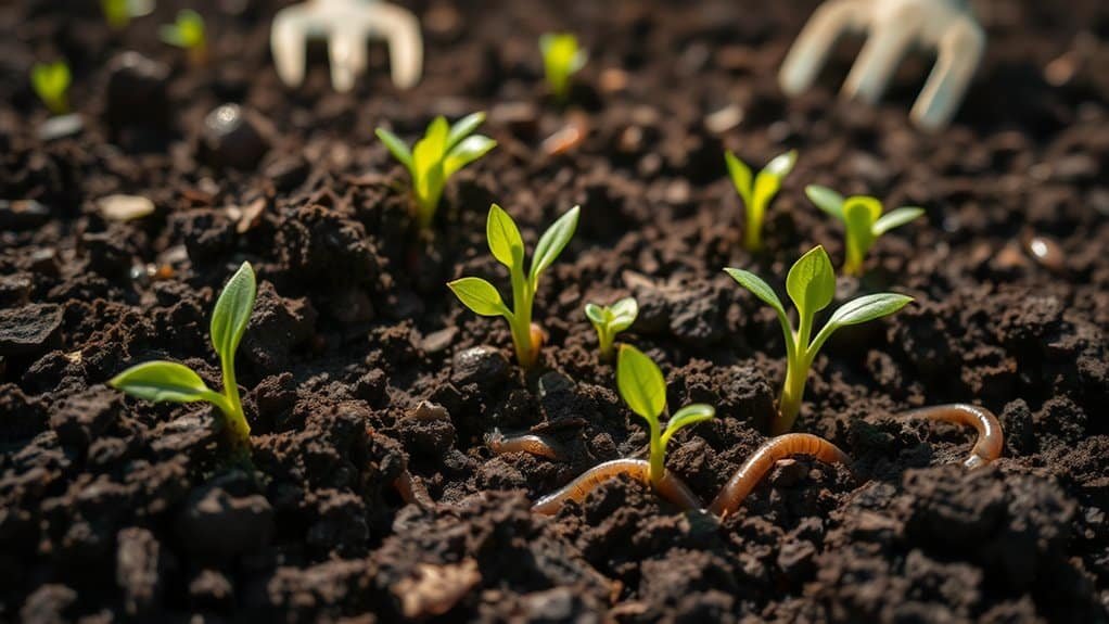 Close-up van jonge groene zaailingen die ontkiemen uit donkere, rijke grond. Een zichtbare regenworm kruipt over het oppervlak. Op de wazige achtergrond zijn twee kleine handtroffels gedeeltelijk zichtbaar, wat duidt op tuinieractiviteiten.