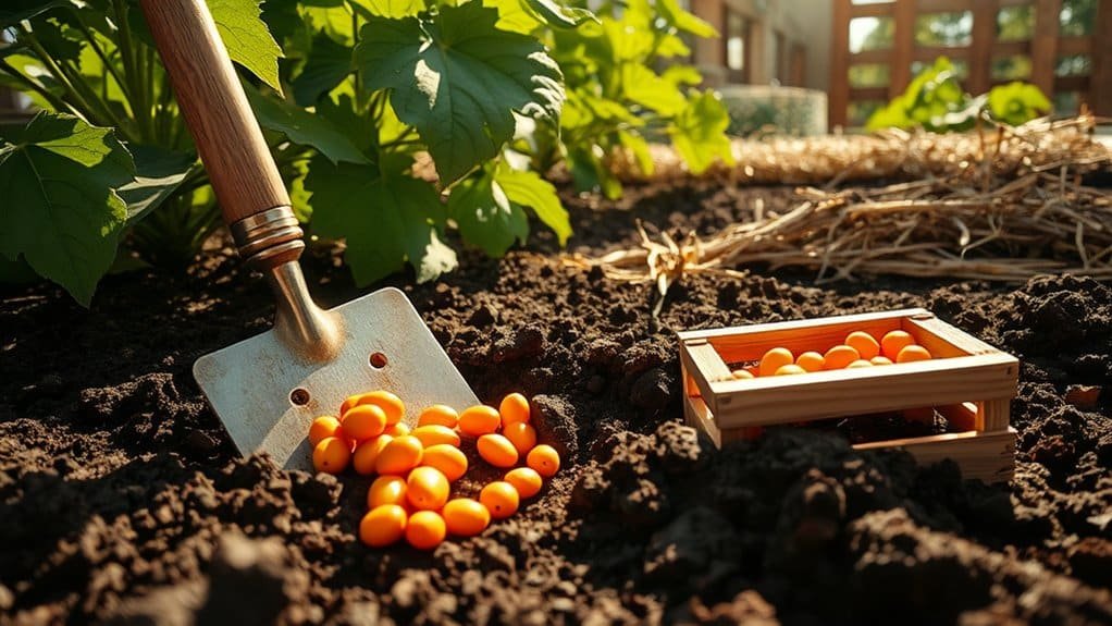 Een troffel rust in rijke, donkere aarde, naast verspreide kleine oranje tomaten. Een houten krat gevuld met meer tomaten staat ernaast. Zonlicht accentueert groene bladeren op de achtergrond, wat doet denken aan een tuinsetting.