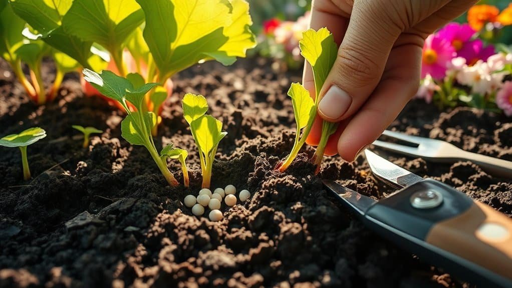 Een hand plant voorzichtig zaailingen in rijke, donkere aarde. In de buurt is een kleine cluster van ronde, witte mestkorrels zichtbaar. Tuingereedschap ligt naast de levendige zaailingen en kleurrijke bloemen bloeien op de wazige achtergrond.