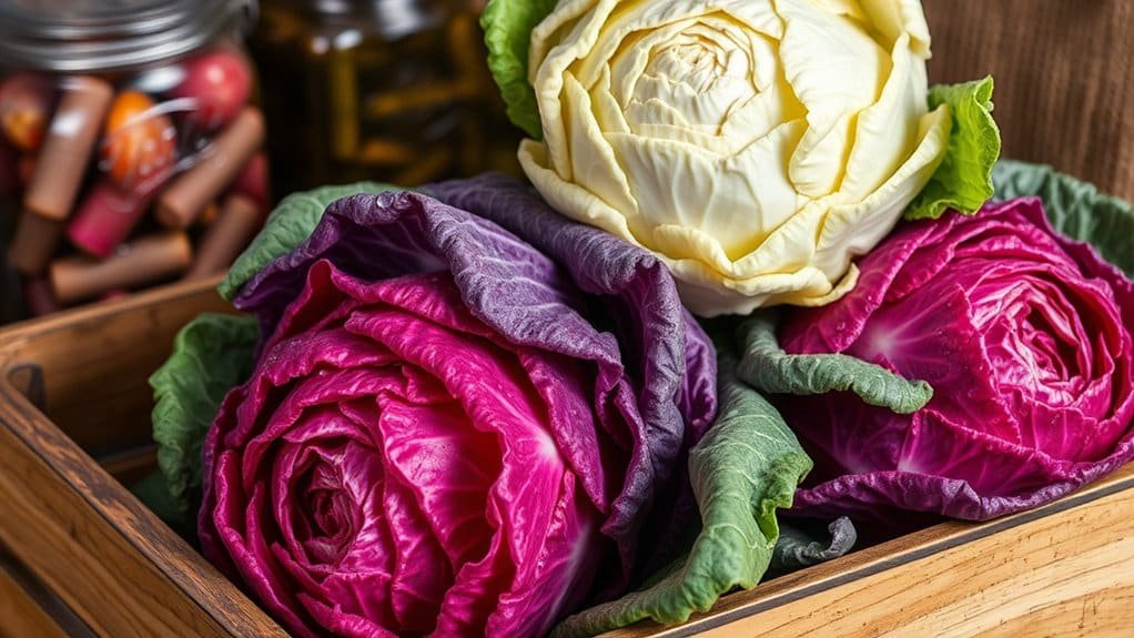 Een houten krat bevat twee levendige koolkoppen, een paarse en een lichtgele. Groene buitenste bladeren omringen de kool. Op de achtergrond zijn wazige potten met ingemaakte groenten en kruiden zichtbaar.