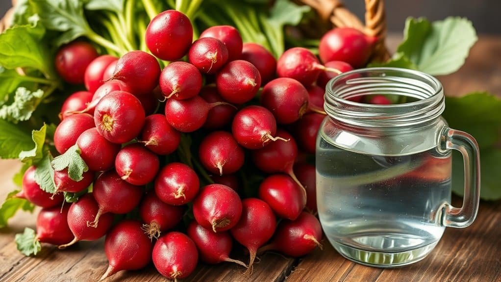 Een bos verse rode radijzen met groene bladeren staat naast een doorzichtige glazen mok gevuld met water op een houten oppervlak. De radijzen zijn levendig en glanzend, en voegen een vleugje kleur toe aan de rustieke achtergrond.