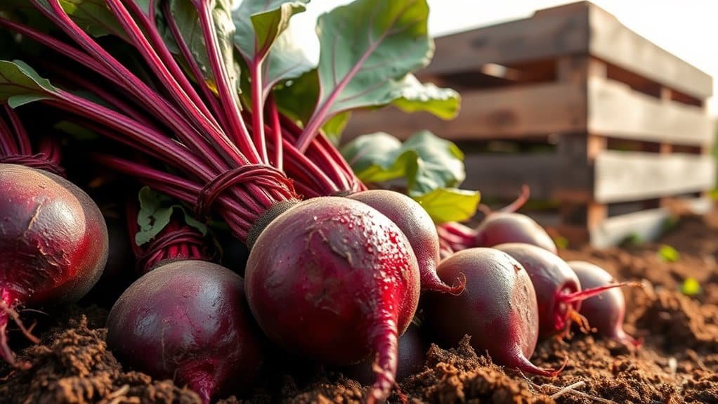 Vers geoogste bieten met een felrode schil en groene bladeren rusten op de grond, met een houten kist op de achtergrond onder een heldere, zonnige hemel.
