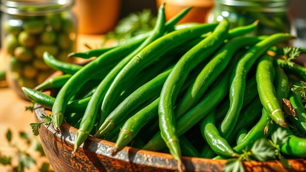 Een houten kom gevuld met verse groene bonen staat op een tafel in fel zonlicht. Op de achtergrond staan potten met groene olijven en verspreide kruiden, wat een levendige en natuurlijke setting creëert.