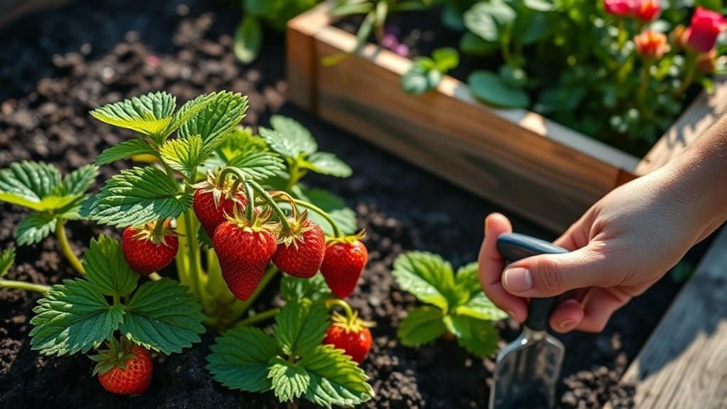 Een hand houdt een klein tuingereedschap vast bij een aardbeienplant met rijpe rode aardbeien die groeien in een tuinbed. Op de achtergrond staan meer planten en bloemen in een houten plantenbak. De omgeving is helder en zonnig.