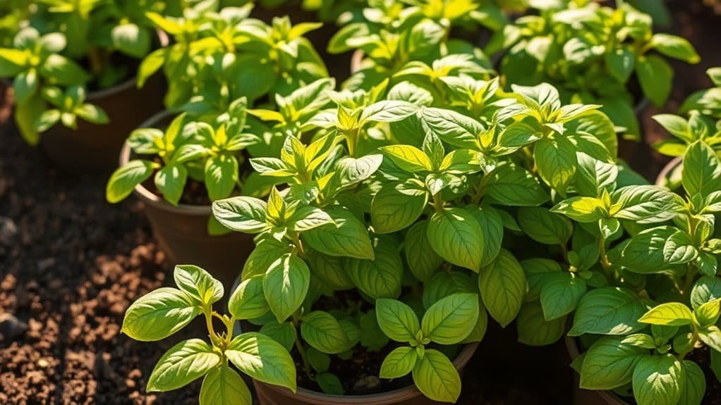 Potten met basilicumplanten met levendige groene bladeren staan dicht op elkaar in een zonnige tuinomgeving. De aarde is zichtbaar rond de zwarte potten en de planten baden in warm zonlicht, wat hun frisse en gezonde uiterlijk benadrukt.