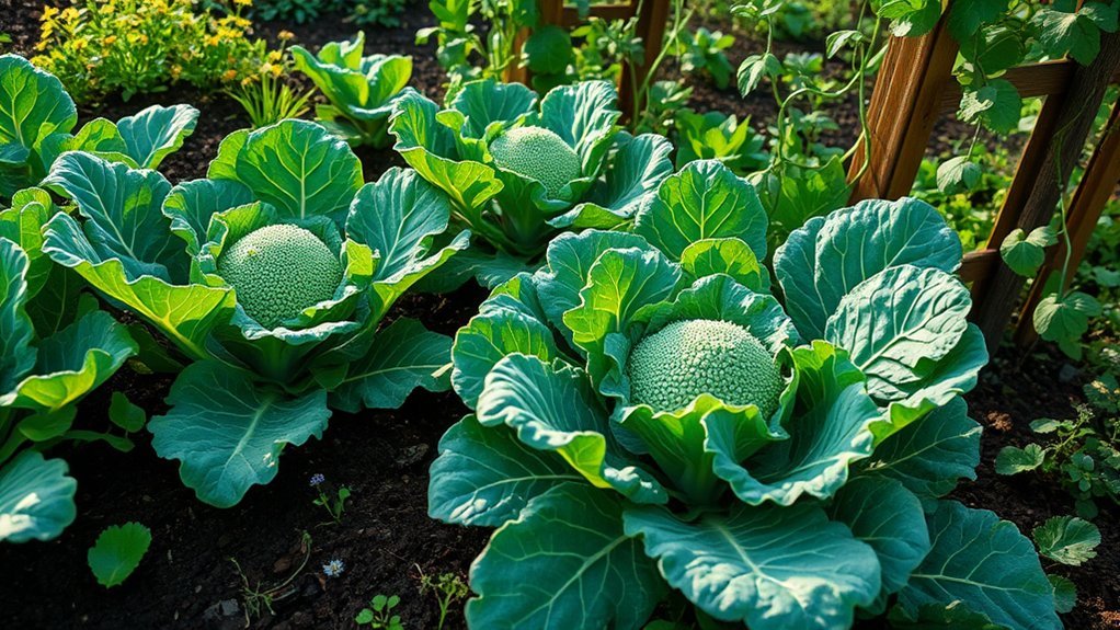 Close-up van een tuin met drie weelderige koolplanten in levendig groen, omgeven door donkere aarde en een paar kleine planten. Zonlicht benadrukt de textuur van de bladeren en de ronde vormen van de kool. Een houten structuur is gedeeltelijk zichtbaar op de achtergrond.