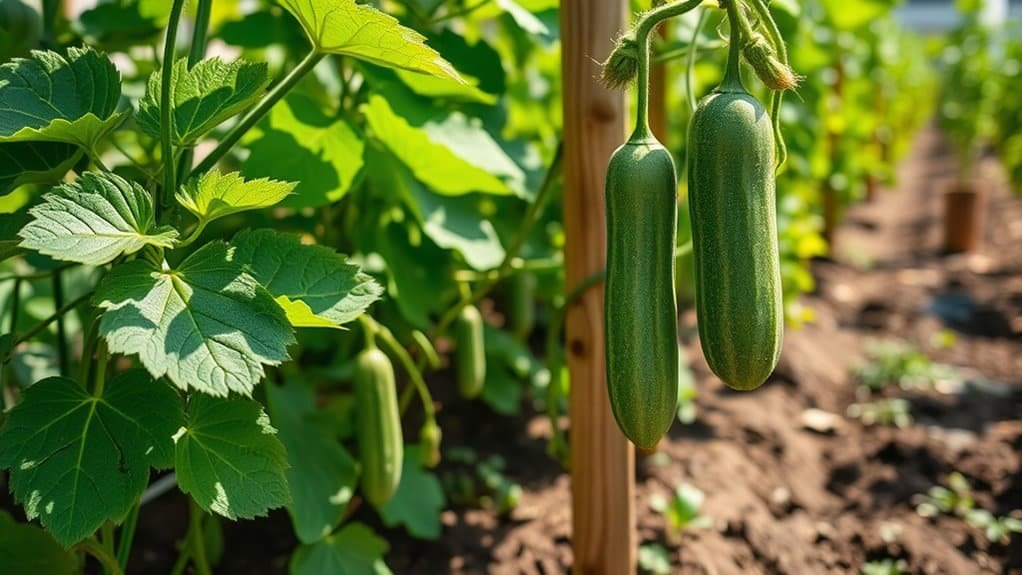 Two cucumbers hang from a plant in a sunny garden. The cucumbers are elongated with a rich green color. Surrounding leaves are broad and lively and the soil looks well-tilled, indicating a healthy growth environment.