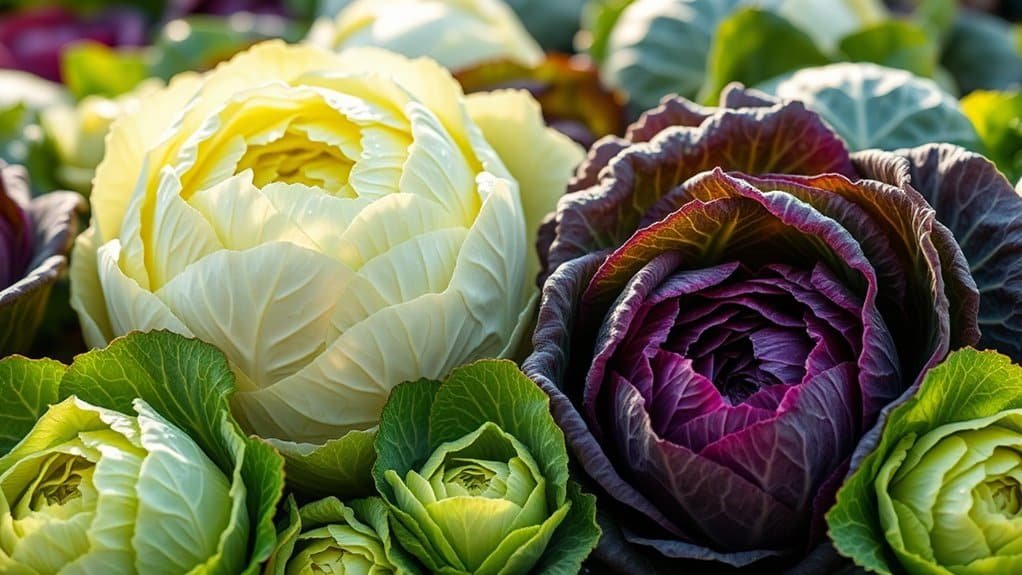 Close-up van sierkool met levendige kleuren: crème, paars en groen. De koolsoorten vertonen gelaagde, geplooide bladeren, wat een prachtig contrast creëert en hun ingewikkelde patronen in zonlicht benadrukt.