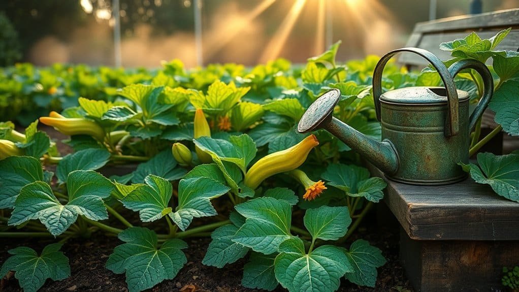 Een groene gieter staat op een houten bank naast een levendig tuinbed vol weelderige pompoenplanten. De zonnestralen filteren erdoorheen en verlichten de bladeren en kleine gele pompoenen. Het tafereel is vredig en groen.