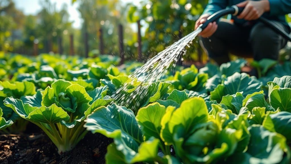 Een persoon die weelderige groene koolplanten water geeft in een zonnige tuin met behulp van een tuinslang. Het ochtendlicht creëert levendige reflecties op de waterdruppels en bladeren. De achtergrond toont wazige bomen en andere tuinplanten.