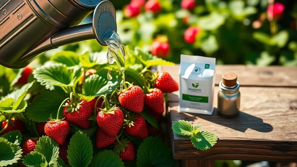 Een gieter giet water over rijpe aardbeien aan de wijnstok. Dichtbij op een houten oppervlak staan een klein metalen flesje en een verpakking met het label "Mest". Weelderige groene bladeren en rode bloemen omringen de aardbeien in het zonlicht.