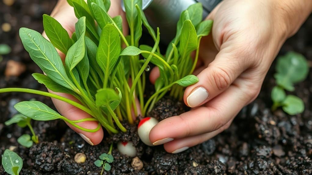 Handen die voorzichtig radijzen oogsten uit donkere, rijke grond. De radijzenbladeren zijn levendig groen en de radijzentoppen zijn zichtbaar. De nagels van de persoon zijn netjes verzorgd en de scène geeft een gevoel van tuinieren en frisheid.