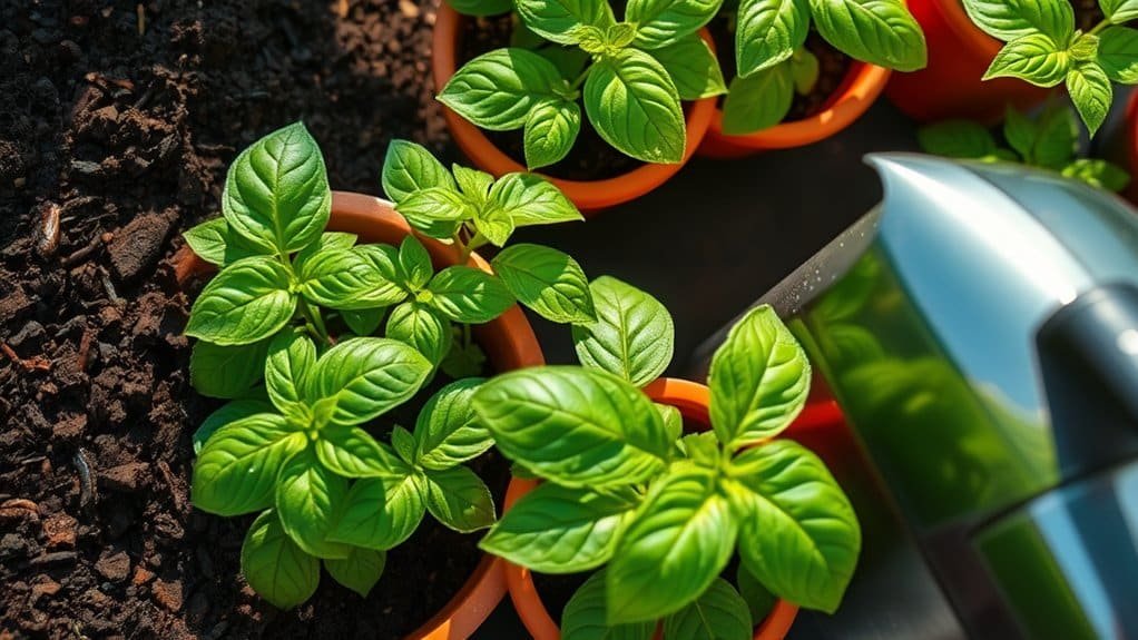 Close-up van verschillende basilicumplanten in potten met levendige groene bladeren, geplaatst op rijke, donkere aarde. Een zilveren gieter is gedeeltelijk zichtbaar aan de rechterkant, wat suggereert dat ze water krijgen. Zonlicht benadrukt de bladeren, wat een fris en levendig tafereel creëert.