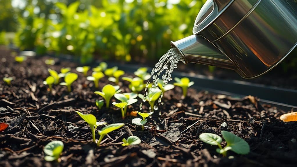 Een metalen gieter giet water over jonge groene zaailingen in een tuinbed bedekt met donkere mulch. Zonlicht schijnt op de bladeren, wat een levendige, frisse atmosfeer creëert. Weelderig groen is wazig op de achtergrond.