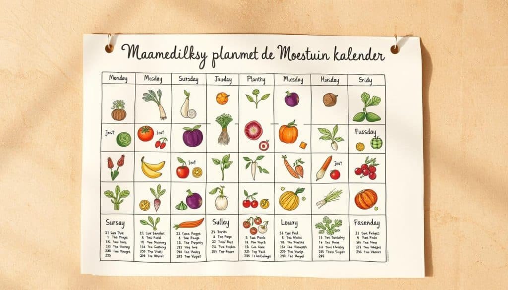 A detailed, hand-drawn garden calendar showcasing the monthly planting schedule for a bountiful vegetable garden. Set against a soft, earthy backdrop, the calendar features vibrant illustrations of various produce items and their corresponding planting months. The design has a rustic, artisanal aesthetic with delicate linework and muted color tones, creating a sense of naturalistic charm. The layout is clean and organized, making it easy to reference the optimal planting times for each crop. Warm, directional lighting casts gentle shadows, adding depth and dimension to the illustration. The overall mood is one of practical guidance and seasonal harmony, perfectly suited to illustrate the "Maandelijkse planning met de moestuin kalender" section. A detailed, hand-drawn garden calendar showcasing the monthly planting schedule for a bountiful vegetable garden. Set against a soft, earthy backdrop, the calendar features vibrant illustrations of various produce items and their corresponding planting months. The design has a rustic, artisanal aesthetic with delicate linework and muted color tones, creating a sense of naturalistic charm. The layout is clean and organized, making it easy to reference the optimal planting times for each crop. Warm, directional lighting casts gentle shadows, adding depth and dimension to the illustration. The overall mood is one of practical guidance and seasonal harmony, perfectly suited to illustrate the "Maandelijkse planning met de moestuin kalender" section.
