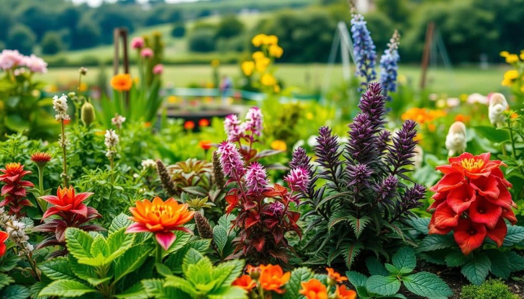 A lush, expertly curated garden scene showcasing a variety of vibrant, diverse plant specimens. The foreground features close-up, detailed shots of several key plant types, their foliage and blossoms rendered with meticulous precision using a macro lens and soft, natural lighting. The middle ground reveals the broader garden layout, with a mix of ornamental and edible plants arranged in an aesthetically pleasing, harmonious composition. In the background, a blurred, verdant landscape sets the scene, creating a sense of depth and immersion. The overall mood is one of serenity, inspiration and a deep appreciation for the beauty and diversity of the natural world. A lush, expertly curated garden scene showcasing a variety of vibrant, diverse plant specimens. The foreground features close-up, detailed shots of several key plant types, their foliage and blossoms rendered with meticulous precision using a macro lens and soft, natural lighting. The middle ground reveals the broader garden layout, with a mix of ornamental and edible plants arranged in an aesthetically pleasing, harmonious composition. In the background, a blurred, verdant landscape sets the scene, creating a sense of depth and immersion. The overall mood is one of serenity, inspiration and a deep appreciation for the beauty and diversity of the natural world.
