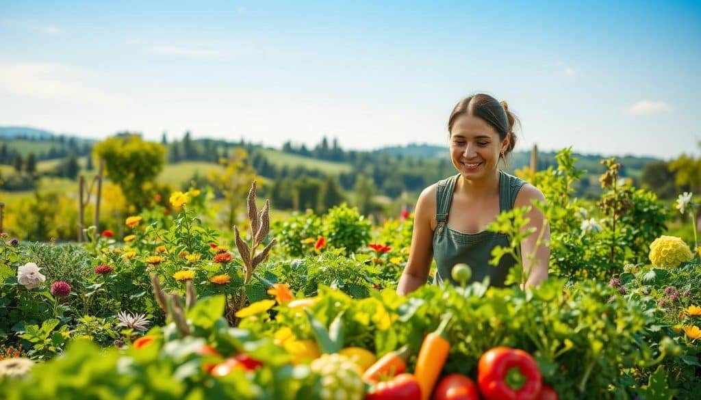 A lush, verdant garden filled with a diverse array of thriving plants, flowers, and vegetables. In the foreground, a woman tending to her crops with a gentle, nurturing touch, her face reflecting the joy and satisfaction of sustainable, eco-friendly gardening. The middle ground showcases a variety of colorful, organic produce, arranged in a visually appealing manner. In the background, a serene, natural landscape with rolling hills, towering trees, and a clear, azure sky, evoking a sense of harmony and balance. The scene is illuminated by warm, soft lighting, casting a natural, inviting glow over the entire composition. The overall atmosphere is one of tranquility, sustainability, and a deep connection with the Earth. A lush, verdant garden filled with a diverse array of thriving plants, flowers, and vegetables. In the foreground, a woman tending to her crops with a gentle, nurturing touch, her face reflecting the joy and satisfaction of sustainable, eco-friendly gardening. The middle ground showcases a variety of colorful, organic produce, arranged in a visually appealing manner. In the background, a serene, natural landscape with rolling hills, towering trees, and a clear, azure sky, evoking a sense of harmony and balance. The scene is illuminated by warm, soft lighting, casting a natural, inviting glow over the entire composition. The overall atmosphere is one of tranquility, sustainability, and a deep connection with the Earth.