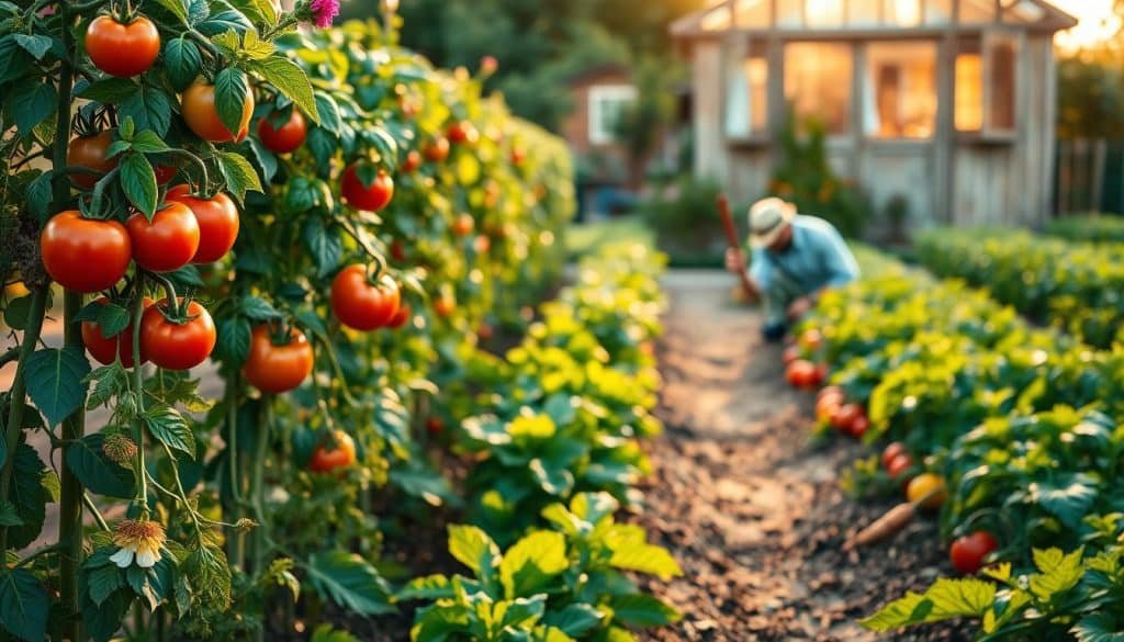 A lush, well-tended vegetable garden with rows of thriving plants, bathed in warm, golden afternoon sunlight. In the foreground, heirloom tomato vines heavy with ripe, juicy fruit, surrounded by fragrant basil and trailing edible flowers. In the middle ground, a mix of leafy greens, crisp carrots, and vibrant bell peppers, all carefully tended by a gardener kneeling amidst the plants, trowel in hand. The background reveals a charming shed or greenhouse, its weathered wood and glass panels glowing with the late day light. The overall scene exudes a sense of peaceful productivity, inviting the viewer to imagine the flavors, aromas, and satisfaction of homegrown, organic bounty. A lush, well-tended vegetable garden with rows of thriving plants, bathed in warm, golden afternoon sunlight. In the foreground, heirloom tomato vines heavy with ripe, juicy fruit, surrounded by fragrant basil and trailing edible flowers. In the middle ground, a mix of leafy greens, crisp carrots, and vibrant bell peppers, all carefully tended by a gardener kneeling amidst the plants, trowel in hand. The background reveals a charming shed or greenhouse, its weathered wood and glass panels glowing with the late day light. The overall scene exudes a sense of peaceful productivity, inviting the viewer to imagine the flavors, aromas, and satisfaction of homegrown, organic bounty.