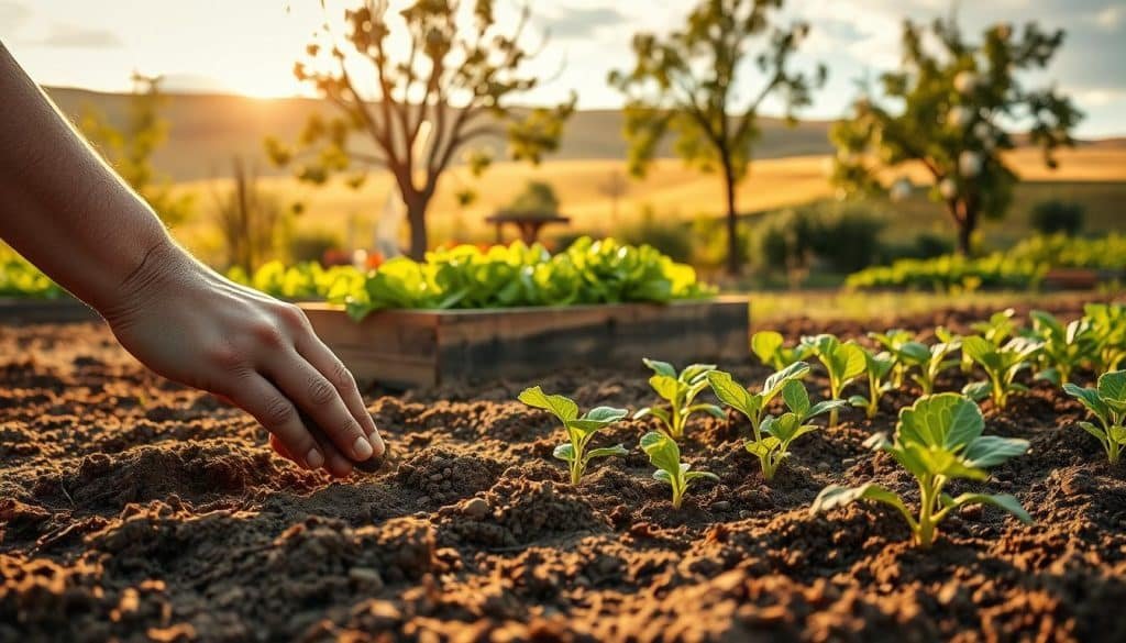 A serene garden scene with a focus on the sowing of vegetables. In the foreground, a pair of weathered hands gently pressing vegetable seeds into freshly tilled soil, the texture of the earth evident. Behind, rows of young seedlings emerge, their delicate leaves unfurling towards the warm, golden sunlight filtering through wispy clouds. In the middle ground, a rustic wooden planter box overflows with vibrant green lettuces and herbs, their lush foliage gently swaying. The background features a tranquil, rolling landscape dotted with flowering fruit trees, their blossoms dancing in a soft breeze. The overall mood is one of renewal, growth, and the steady rhythms of nature, capturing the essence of the sowing process. A serene garden scene with a focus on the sowing of vegetables. In the foreground, a pair of weathered hands gently pressing vegetable seeds into freshly tilled soil, the texture of the earth evident. Behind, rows of young seedlings emerge, their delicate leaves unfurling towards the warm, golden sunlight filtering through wispy clouds. In the middle ground, a rustic wooden planter box overflows with vibrant green lettuces and herbs, their lush foliage gently swaying. The background features a tranquil, rolling landscape dotted with flowering fruit trees, their blossoms dancing in a soft breeze. The overall mood is one of renewal, growth, and the steady rhythms of nature, capturing the essence of the sowing process.