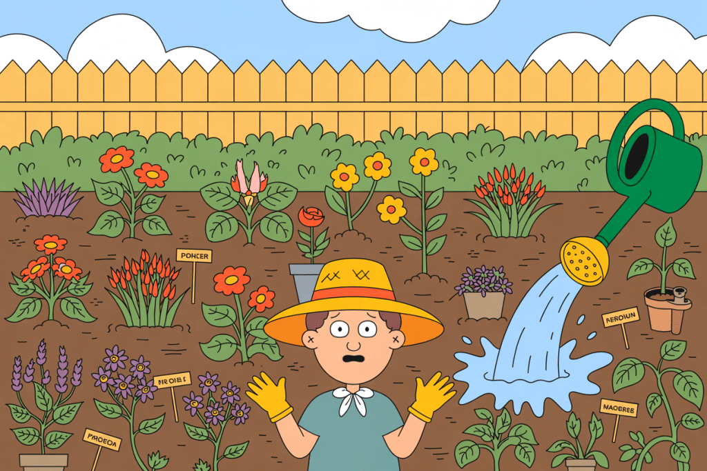 A surprised gardener wearing a hat and gloves stands in a colorful flower garden, perfect for moestuinieren voor beginners, as a large watering can pours water onto the soil. Labeled plants and flowers surround the gardener, with a wooden fence under a blue sky.