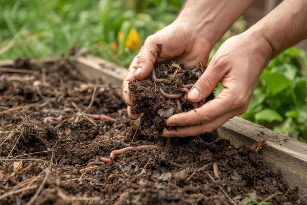 Hands hold moist, dark soil filled with earthworms over a garden bed—an inviting scene perfect for moestuinieren voor beginners, with green plants and blurred foliage in the background.