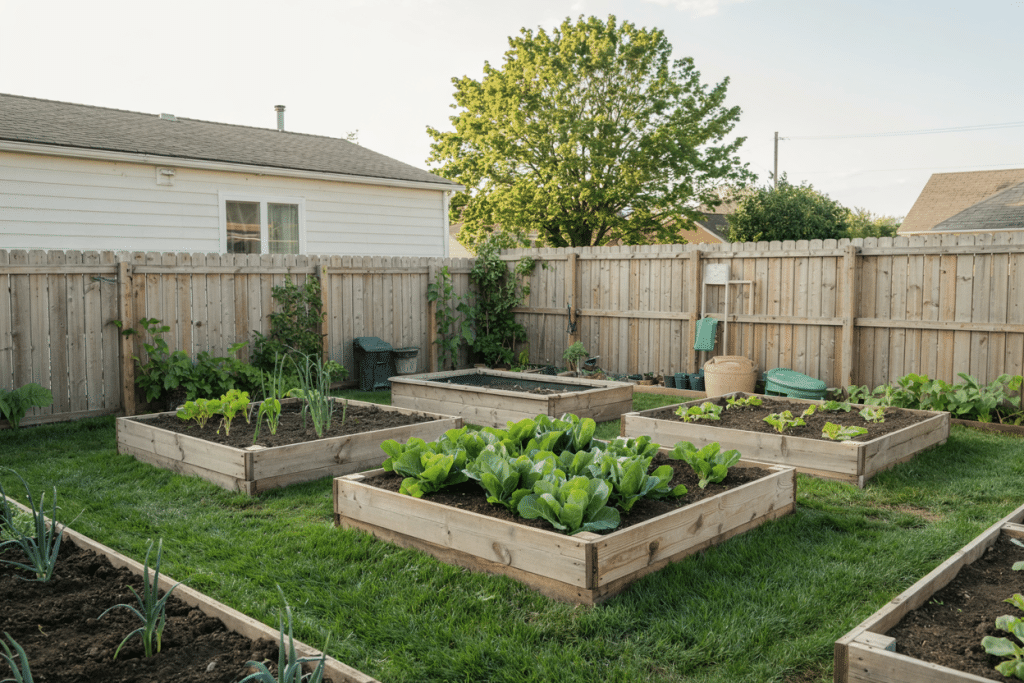 A backyard garden with several raised wooden beds filled with leafy green vegetables, perfect for moestuinieren voor beginners, is surrounded by grass and a wooden fence. Gardening tools are visible near the fence, with a tree and houses in the background.