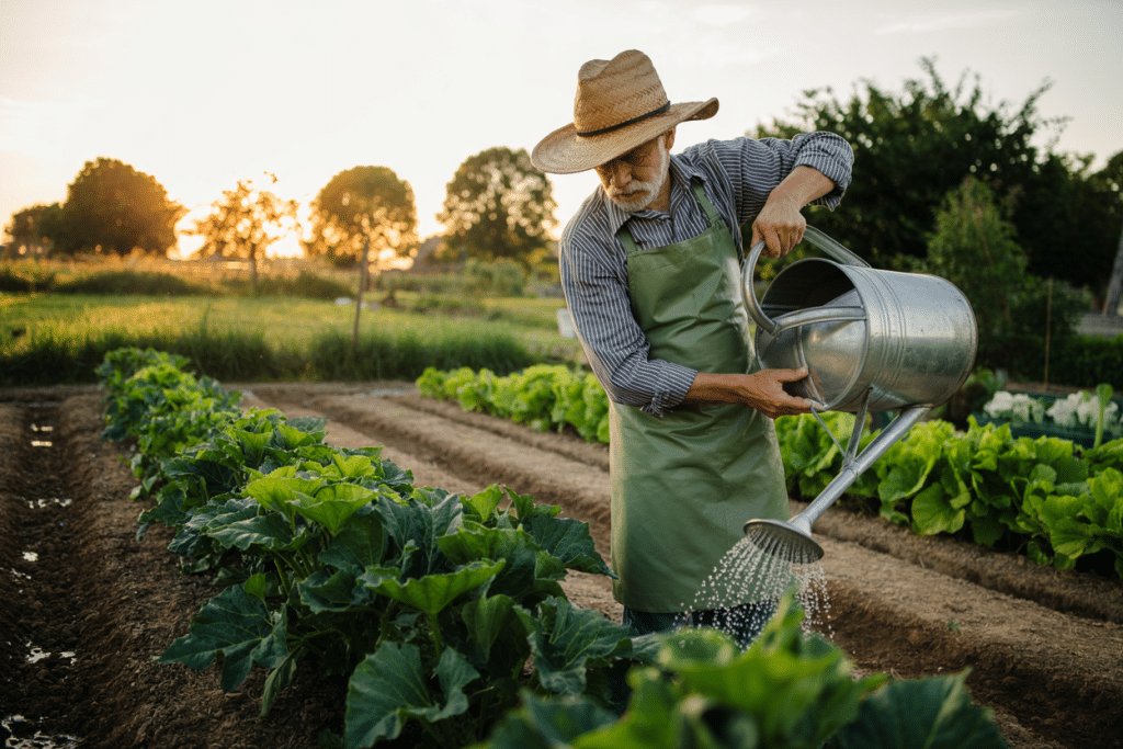 An older man wearing a straw hat and green apron waters leafy vegetable plants with a metal watering can in a garden at sunset—an inspiring scene of moestuinieren voor beginners, with rows of crops and trees visible in the background.