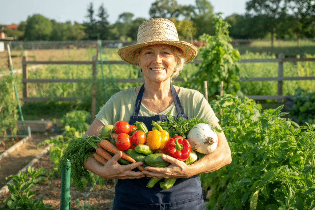 A smiling woman wearing a straw hat and apron stands in a lush vegetable garden, holding an armful of freshly harvested produce—perfect inspiration for anyone interested in moestuinieren voor beginners.
