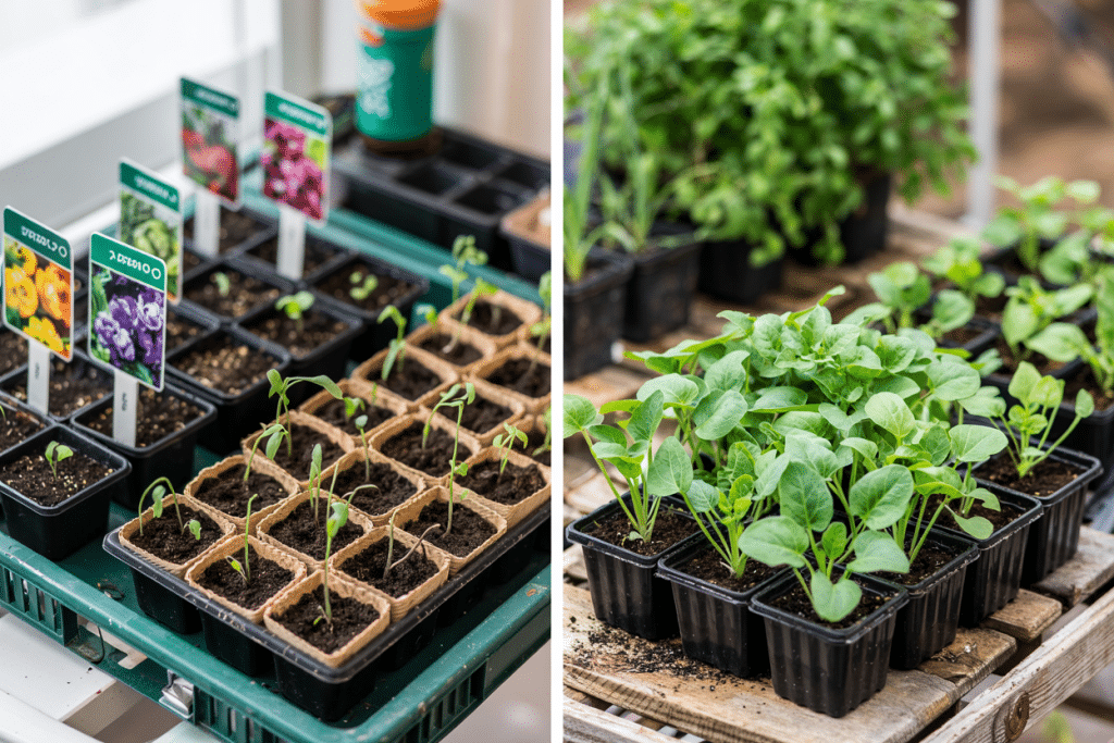 Side-by-side images: on the left, small seedlings in labeled starter pots; on the right, more mature green seedlings in trays, perfect for moestuinieren voor beginners, with potted herbs in the background.