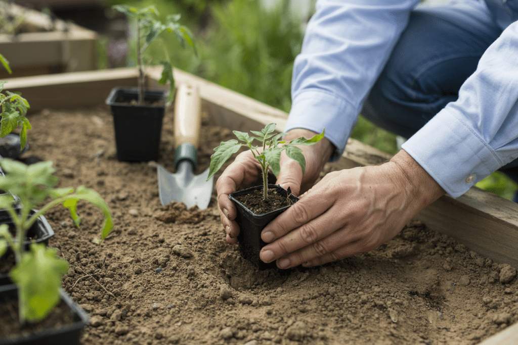 A person wearing a blue shirt is planting a young seedling in a small pot into a raised garden bed filled with soil—perfect for moestuinieren voor beginners. Gardening tools and other seedlings are visible nearby.