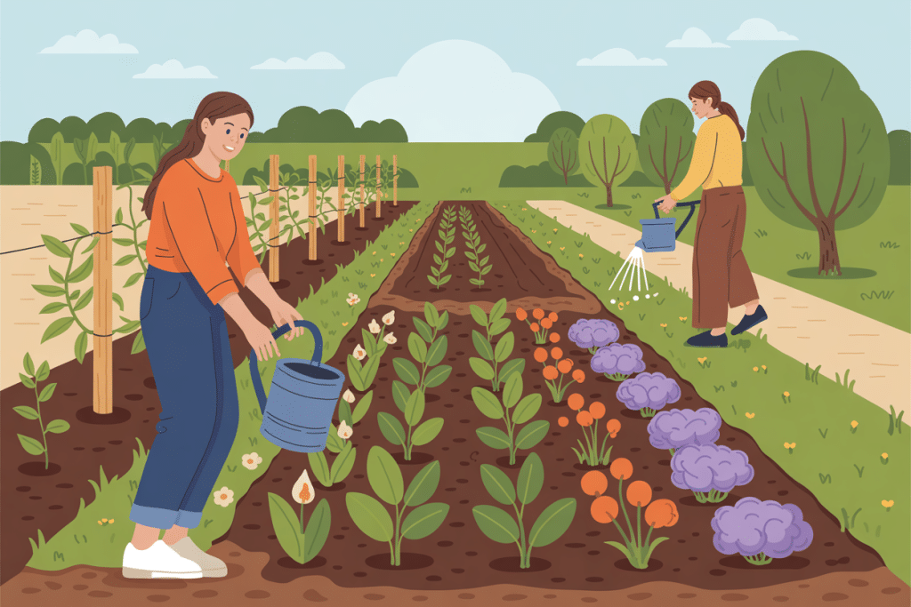 Two women are watering plants in a lush vegetable garden, perfect for moestuinieren voor beginners. One tends flowers in the foreground, while the other cares for plants further back. Rows of green plants stretch across the garden, with trees and hills beyond.