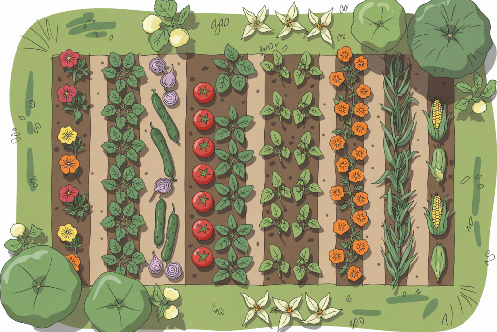 Illustration of a vegetable garden viewed from above, perfect for moestuinieren voor beginners, with organized rows of tomatoes, cucumbers, onions, carrots, corn, flowers, herbs, and leafy greens on lush green grass.