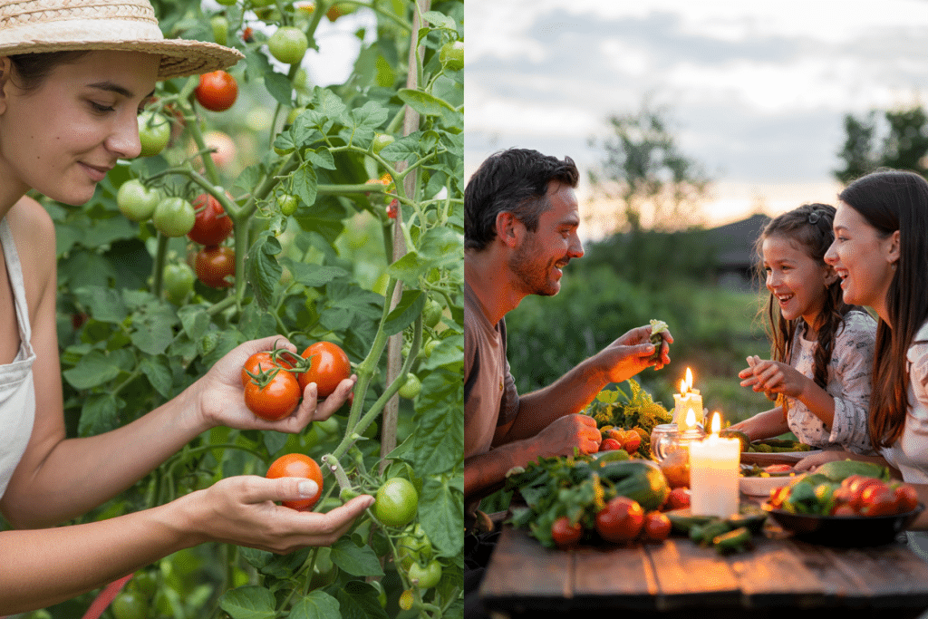 Split image: On the left, a woman practices moestuinieren voor beginners as she harvests ripe tomatoes from her garden. On the right, a family of three enjoys an outdoor dinner at sunset, eating fresh vegetables by candlelight.